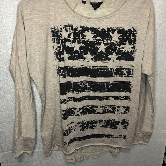GUESS Beige Long Sleeve Top w Flag Print & Lace Back Detail - Picture 5 of 6